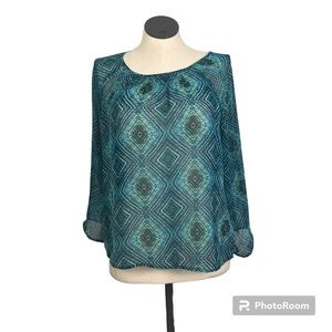 Croft & Barrow Women’s Pullover Blouse Long Roll Tab Sleeve Size L Multicolor